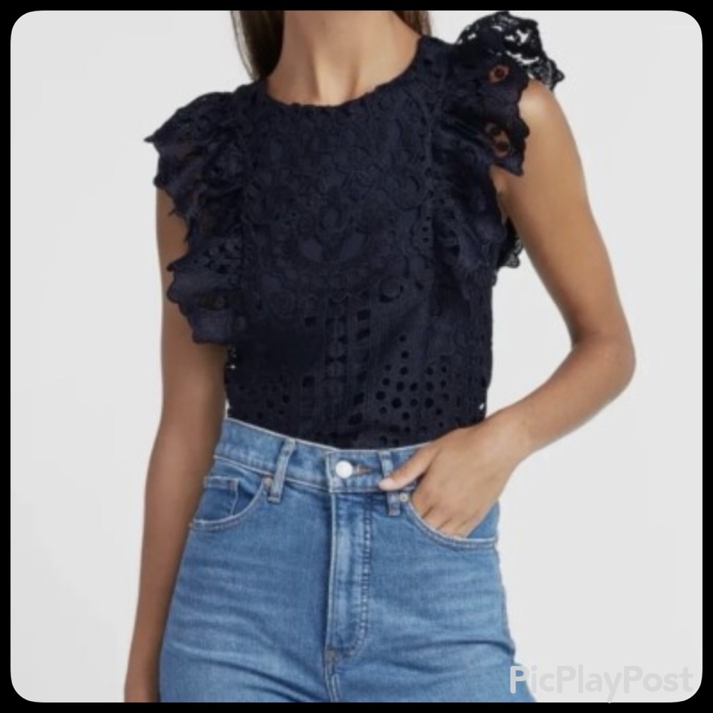 Express Navy Blue Crochet Ruffle Sleeveless Blouse (Size S/P)